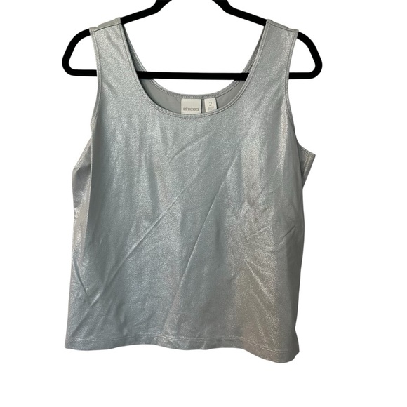 Chico’s Women’s Silver Metallic Sleeveless Scoop Neck Tank Top Blouse Sz 2/L GUC - Picture 1 of 6